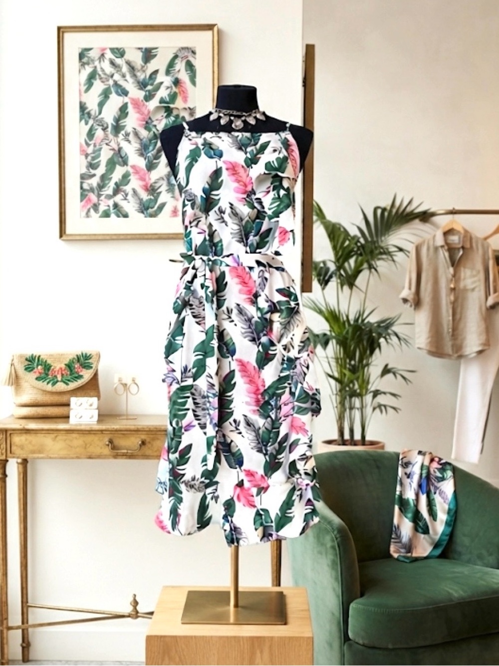 BOOHOO Belted Tropical Print Sleeveless Spaghetti Strap Dress w/Ruffle Details